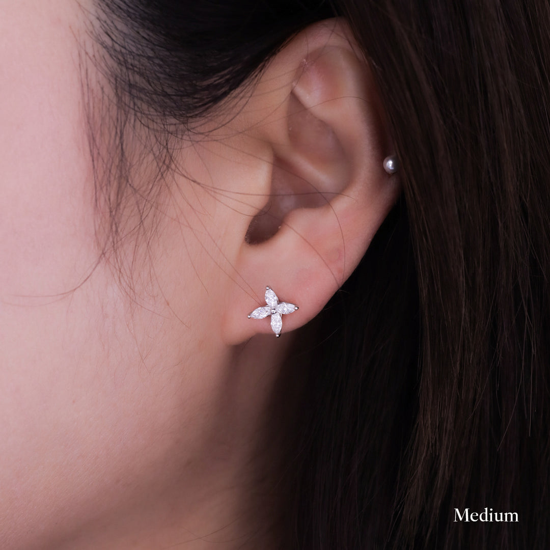 Marquise Cut 4 Diamonds Petal Flower 14K Solid Gold Earrings Studs - Medium / Large