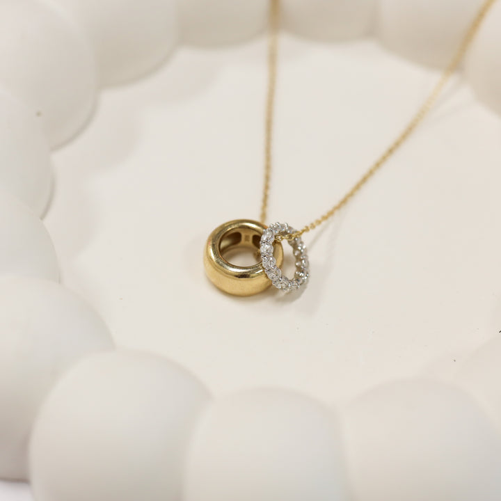 Double Ring Necklace: 14K Gold Ring and Lab Diamond Eternity Ring Pendant