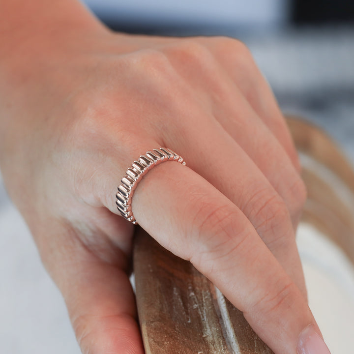 Fluted Glossy Textured Stackable Ribbed 14K Gold Ring