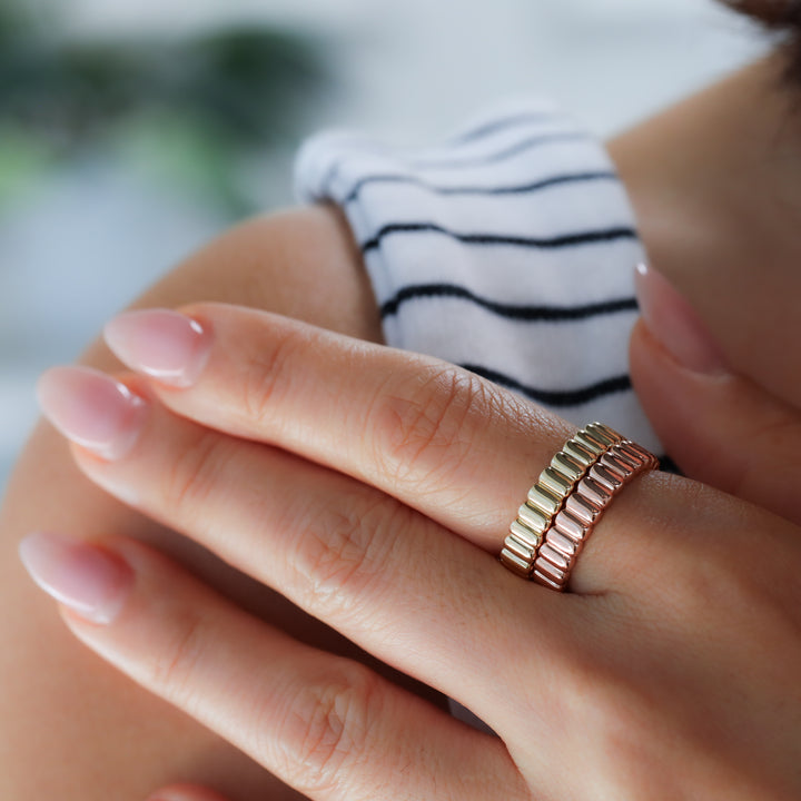 Fluted Glossy Textured Stackable Ribbed 14K Gold Ring