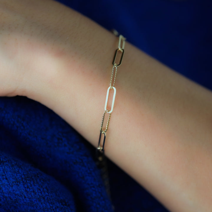 Mini Glitter Paper Clip Bracelet – 14K Solid Gold Dainty Adjustable Chain (12mm Links)