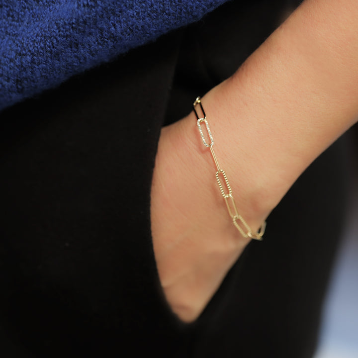 Mini Glitter Paper Clip Bracelet – 14K Solid Gold Dainty Adjustable Chain (12mm Links)