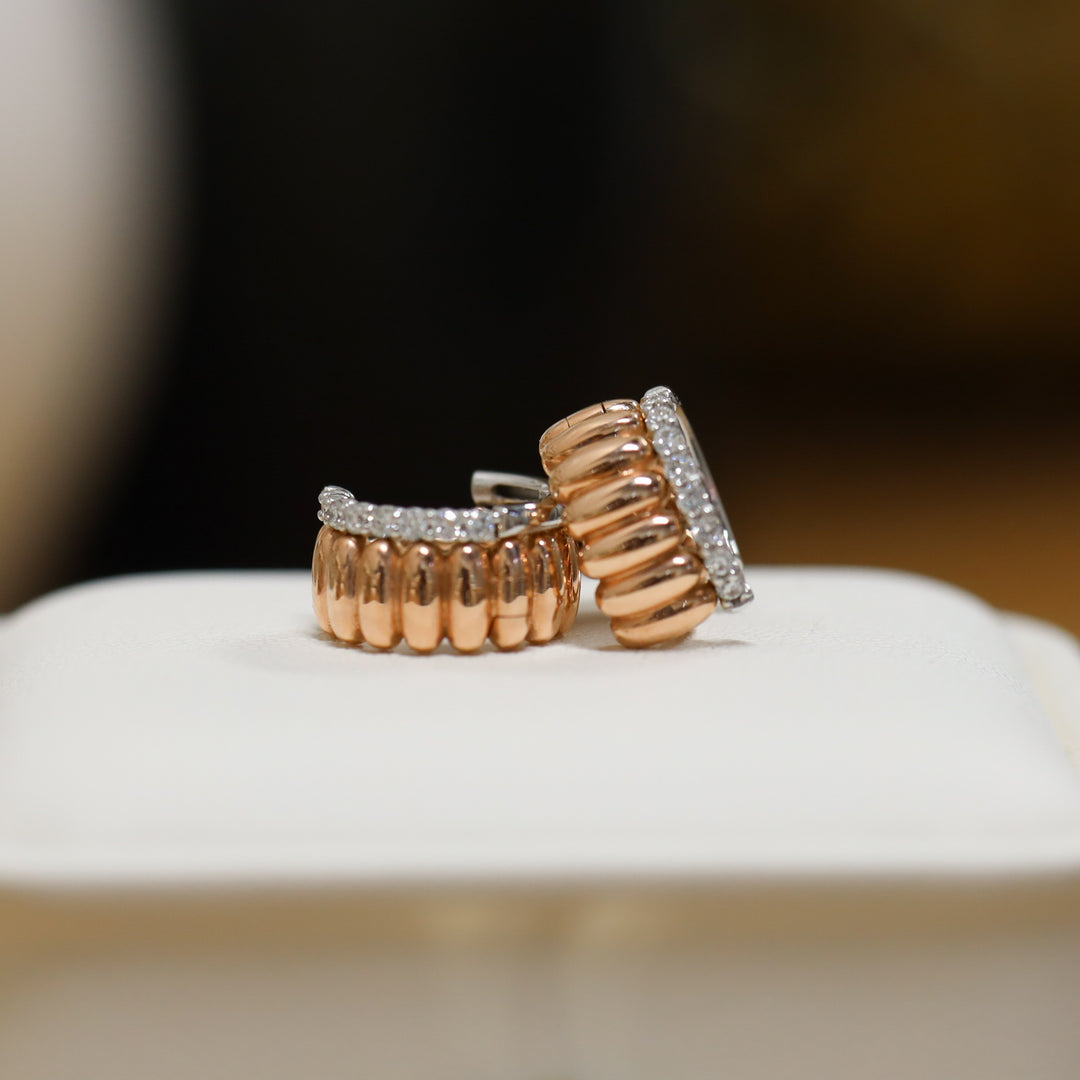 Fluted Ribbed Textured Hoop Earrings with 1.5mm Diamond Band