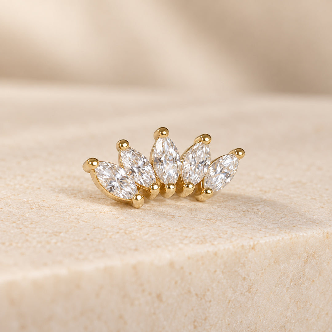Five Petal Lotus Marquise Lab Diamond Stud 14K Solid Gold – Single or Pair