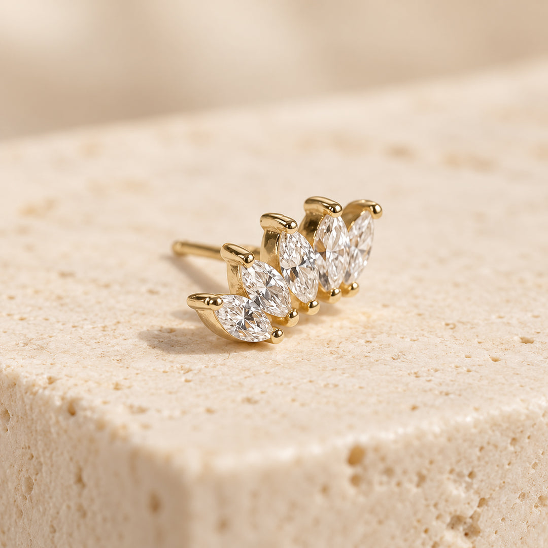 Five Petal Lotus Marquise Lab Diamond Stud 14K Solid Gold – Single or Pair