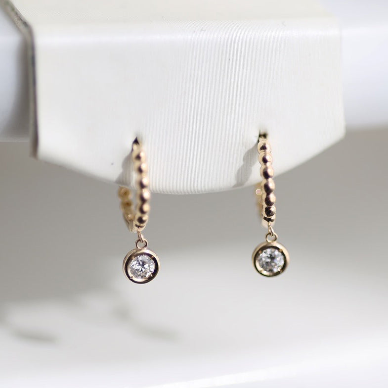 Dangling Bezel Diamond with Beaded Hoop Earrings 11mm  – 14K Solid Gold Ball Huggies