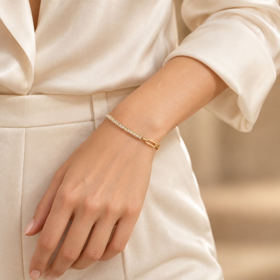 Baguette Tennis Diamond & Paperclip Chain Bracelet – 14K Solid Gold