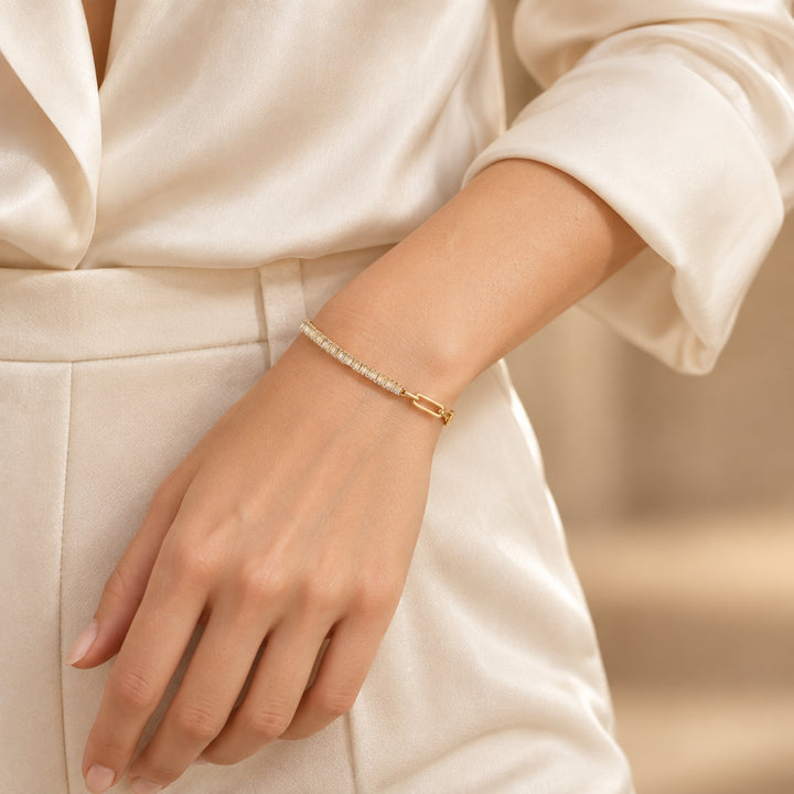 Baguette Tennis Diamond & Paperclip Chain Bracelet – 14K Solid Gold