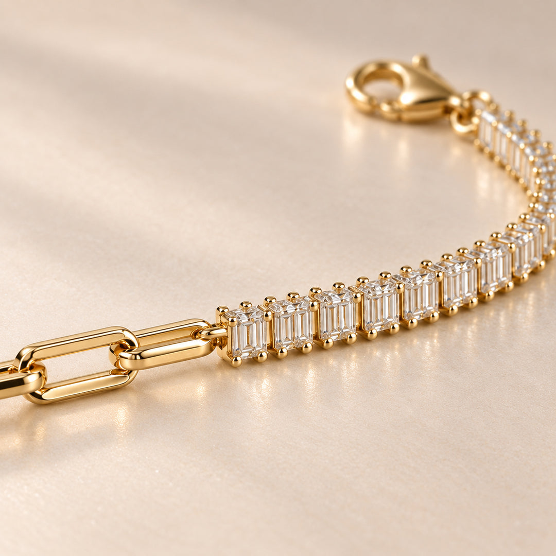 Baguette Tennis Diamond & Paperclip Chain Bracelet – 14K Solid Gold