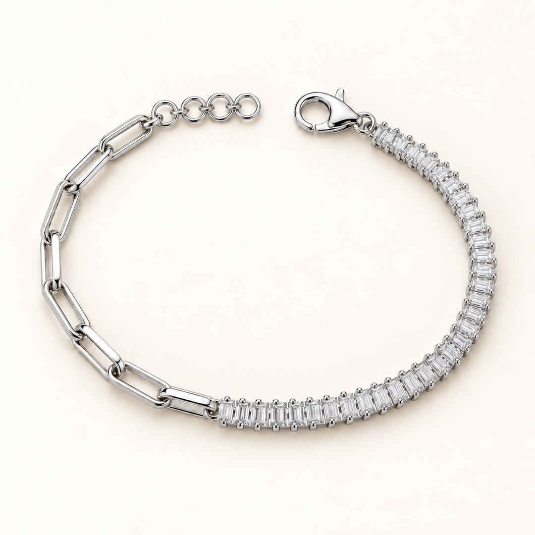 Baguette Tennis Diamond & Paperclip Chain Bracelet – 14K Solid Gold