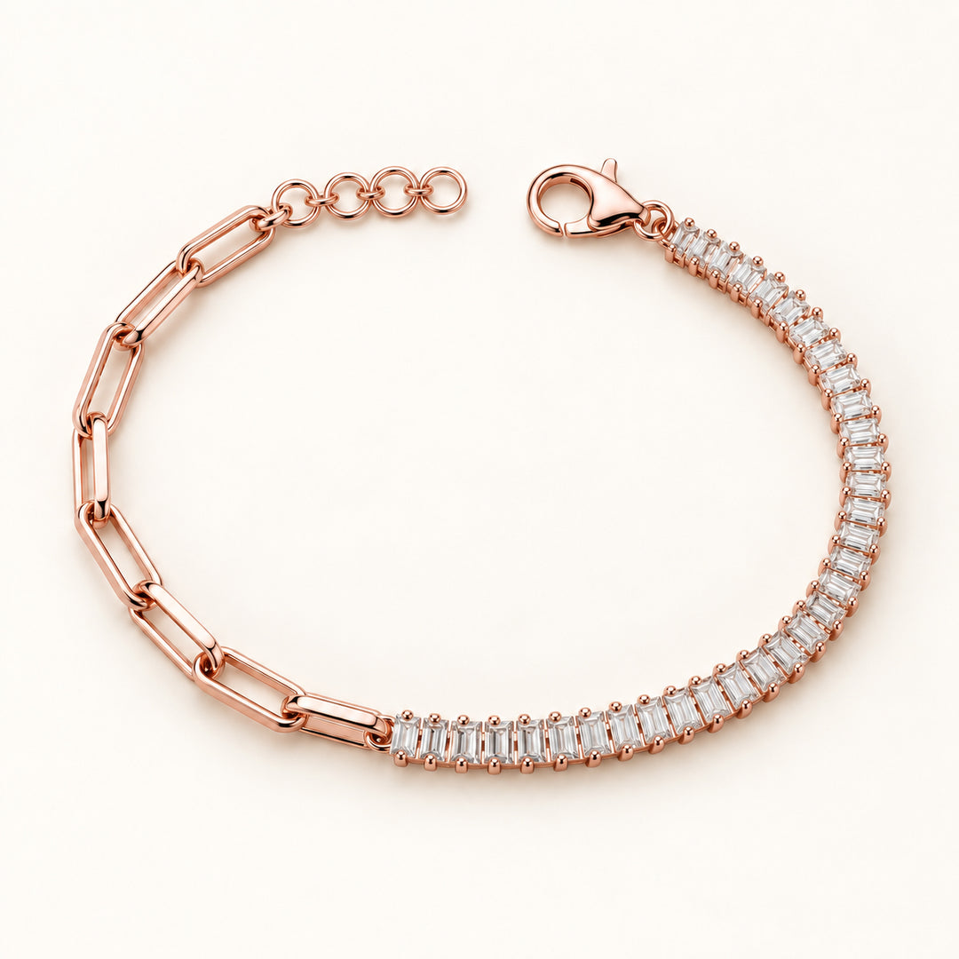 Baguette Tennis Diamond & Paperclip Chain Bracelet – 14K Solid Gold