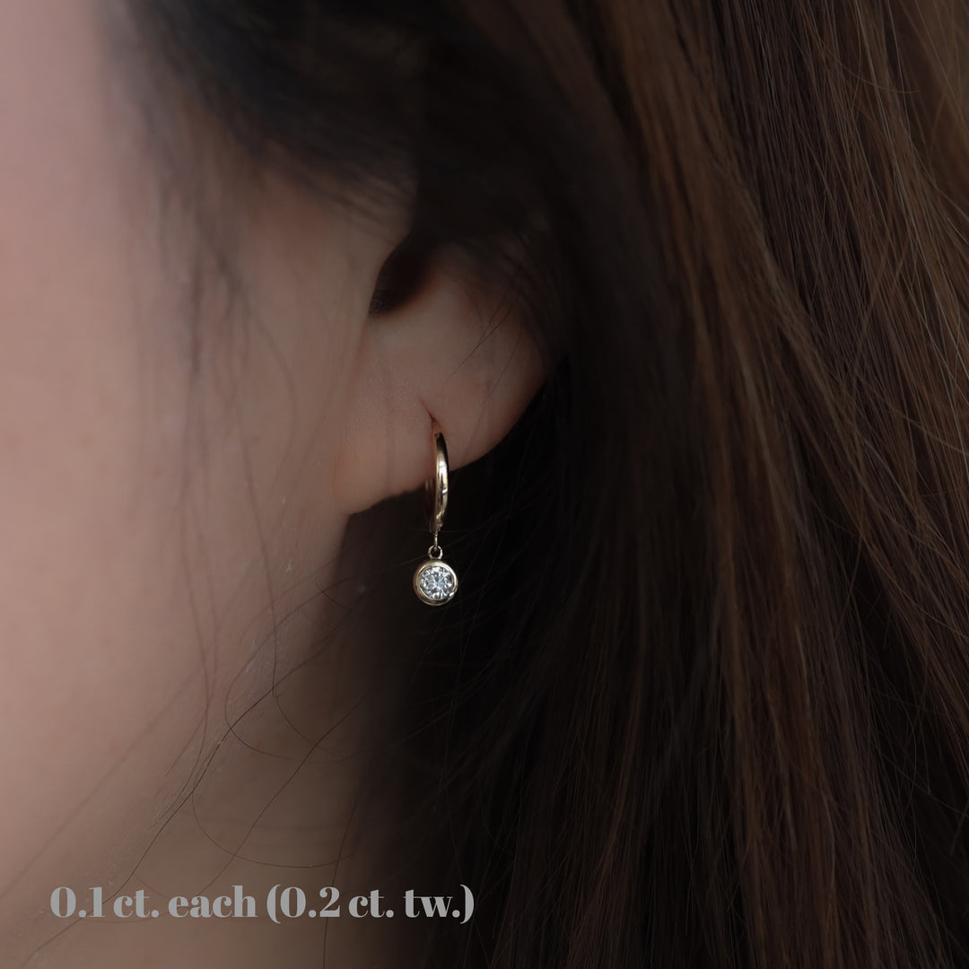 Dangling Drop Diamond Huggie Hoop Earrings – 11mm 14K Gold Hoops with Dangle Charm