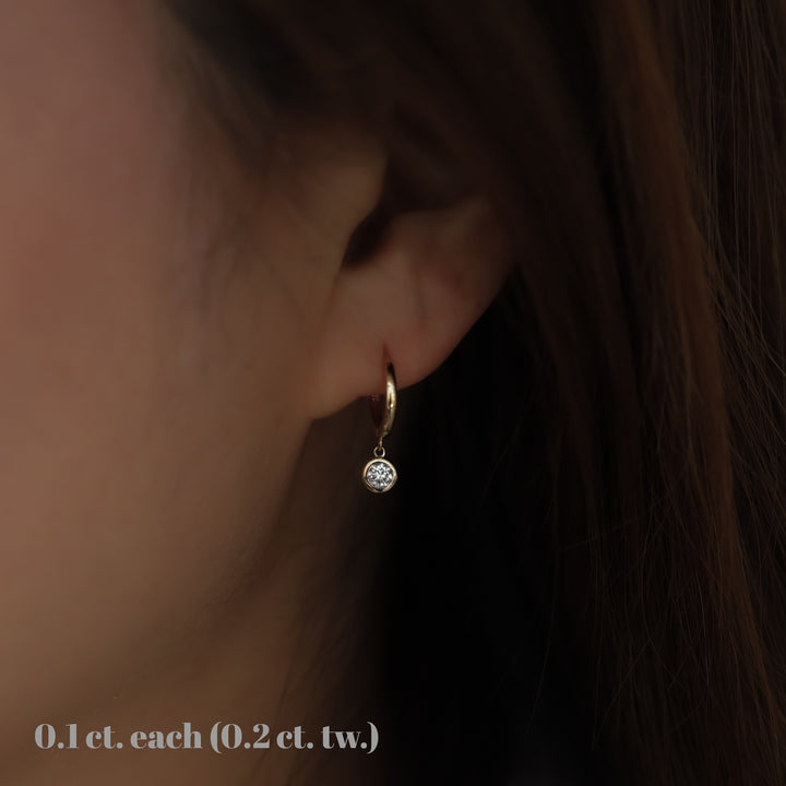Dangling Drop Diamond Huggie Hoop Earrings – 11mm 14K Gold Hoops with Dangle Charm