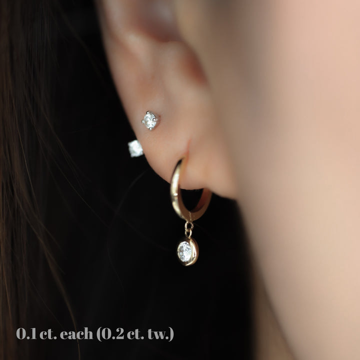 Dangling Drop Diamond Huggie Hoop Earrings – 11mm 14K Gold Hoops with Dangle Charm