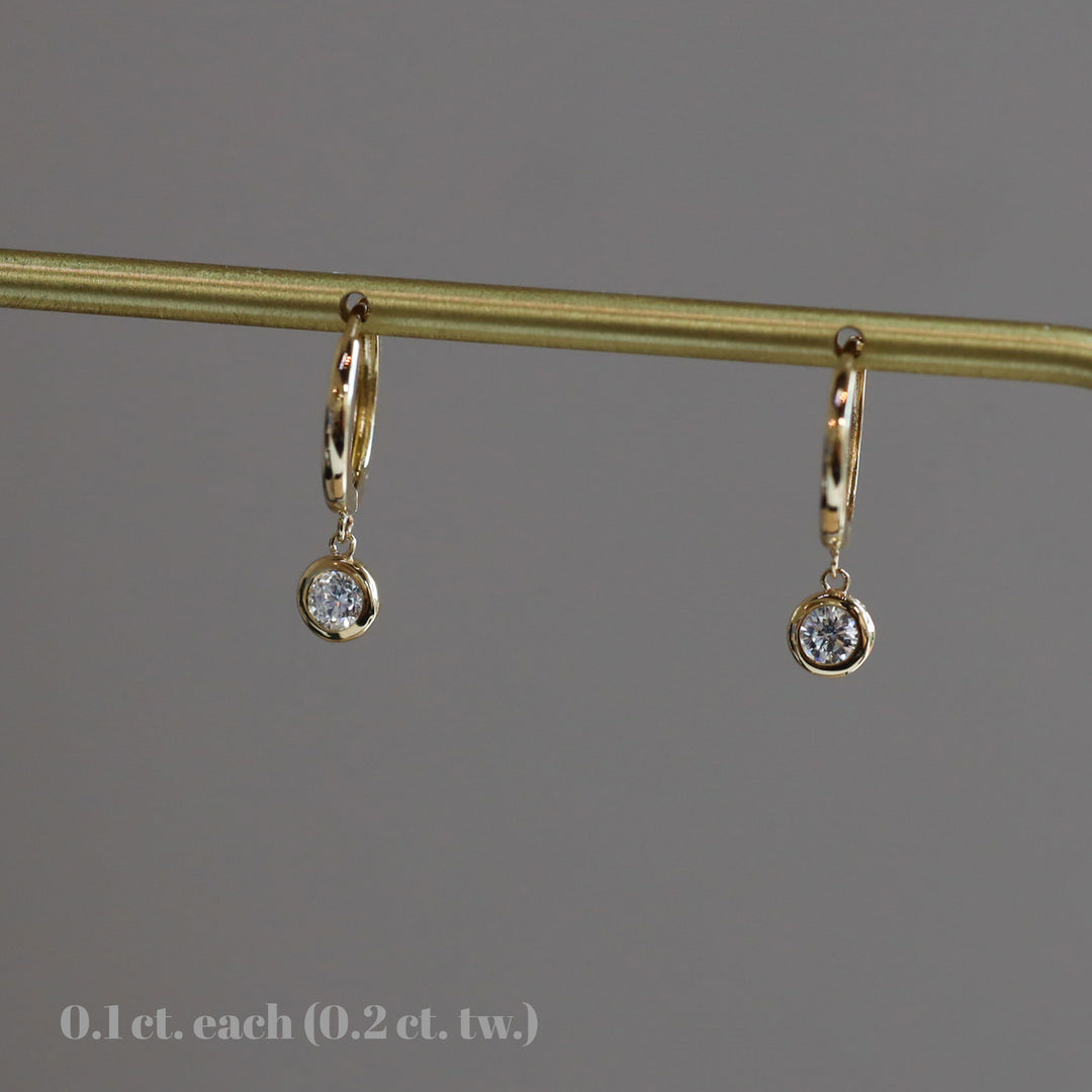 Dangling Drop Diamond Huggie Hoop Earrings – 11mm 14K Gold Hoops with Dangle Charm