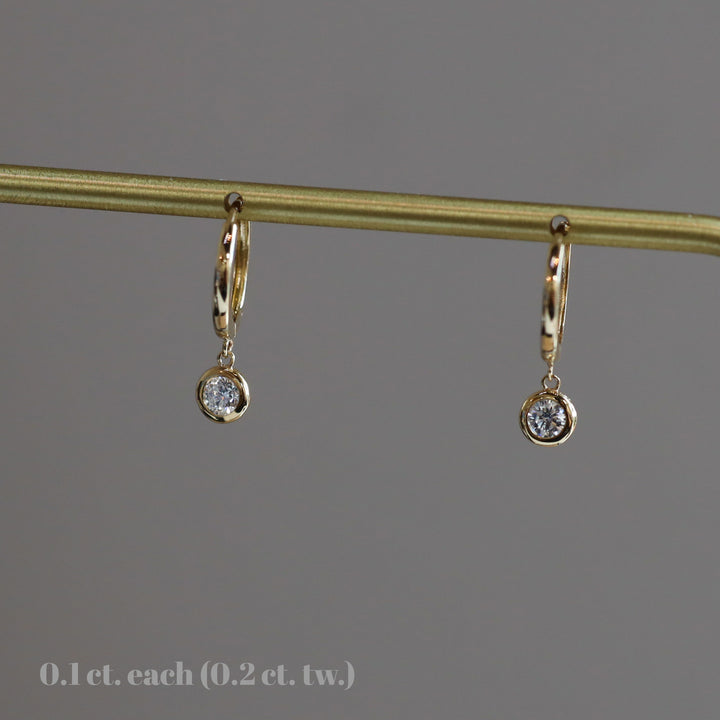 Dangling Drop Diamond Huggie Hoop Earrings – 11mm 14K Gold Hoops with Dangle Charm