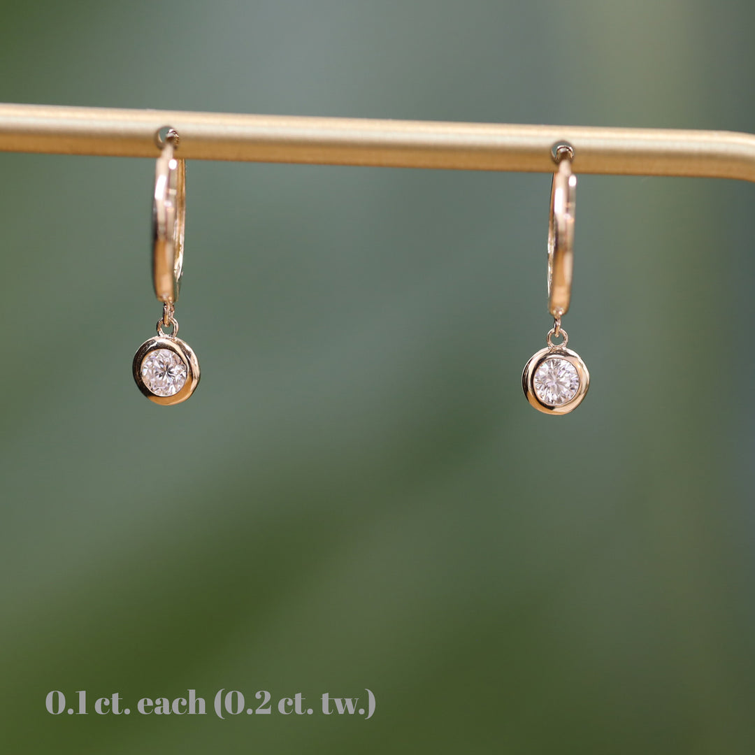 Dangling Drop Diamond Huggie Hoop Earrings – 11mm 14K Gold Hoops with Dangle Charm