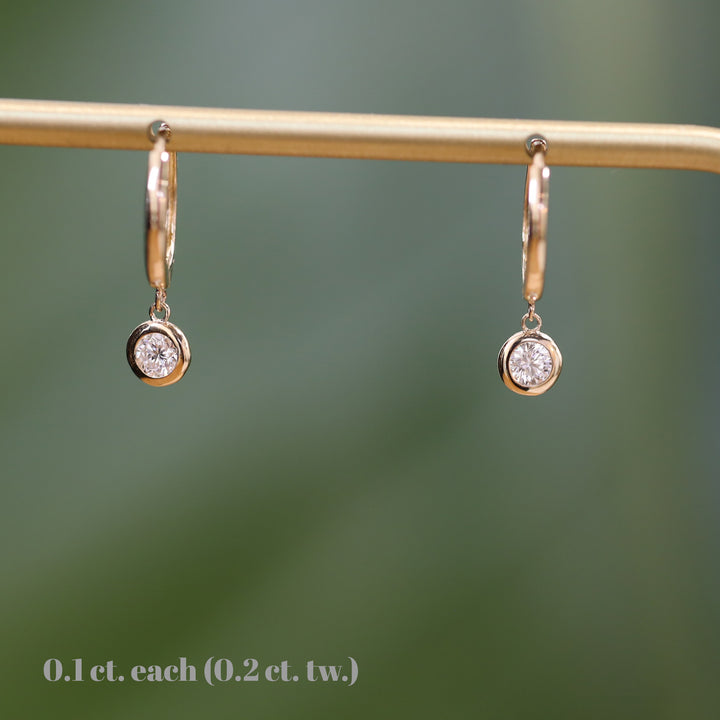 Dangling Drop Diamond Huggie Hoop Earrings – 11mm 14K Gold Hoops with Dangle Charm
