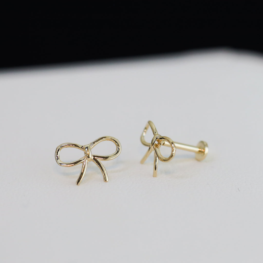 Wide Bow Tie Stud Earrings – 14K Solid Gold Delicate Ribbon Knot Earrings (Single or Pair)