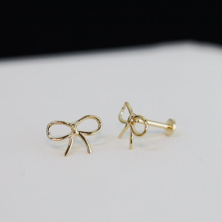 Wide Bow Tie Stud Earrings – 14K Solid Gold Delicate Ribbon Knot Earrings (Single or Pair)