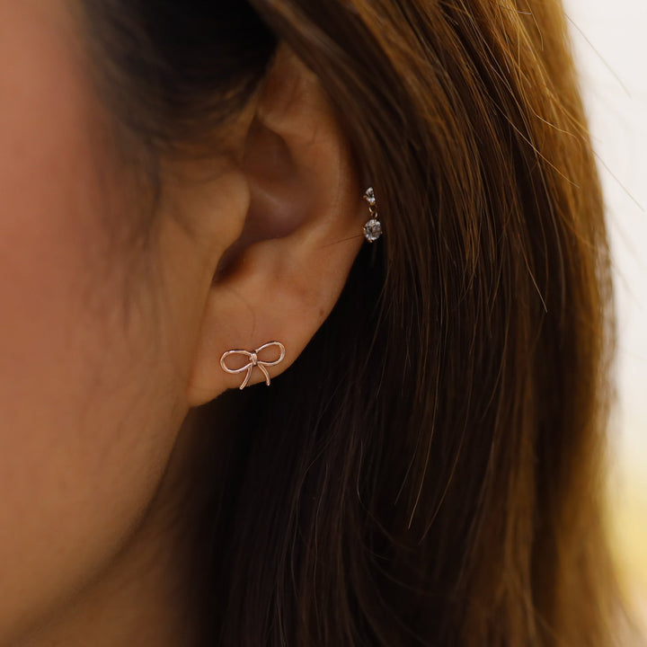 Wide Bow Tie Stud Earrings – 14K Solid Gold Delicate Ribbon Knot Earrings (Single or Pair)