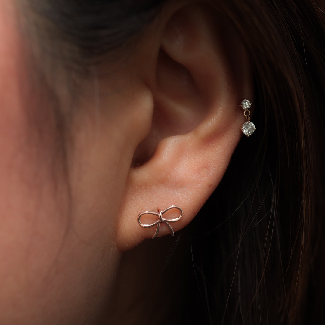 Wide Bow Tie Stud Earrings – 14K Solid Gold Delicate Ribbon Knot Earrings (Single or Pair)