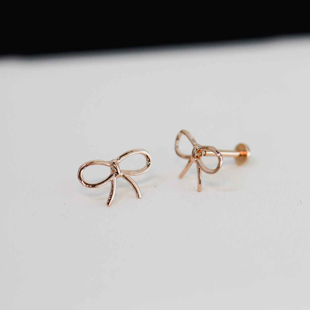 Wide Bow Tie Stud Earrings – 14K Solid Gold Delicate Ribbon Knot Earrings (Single or Pair)
