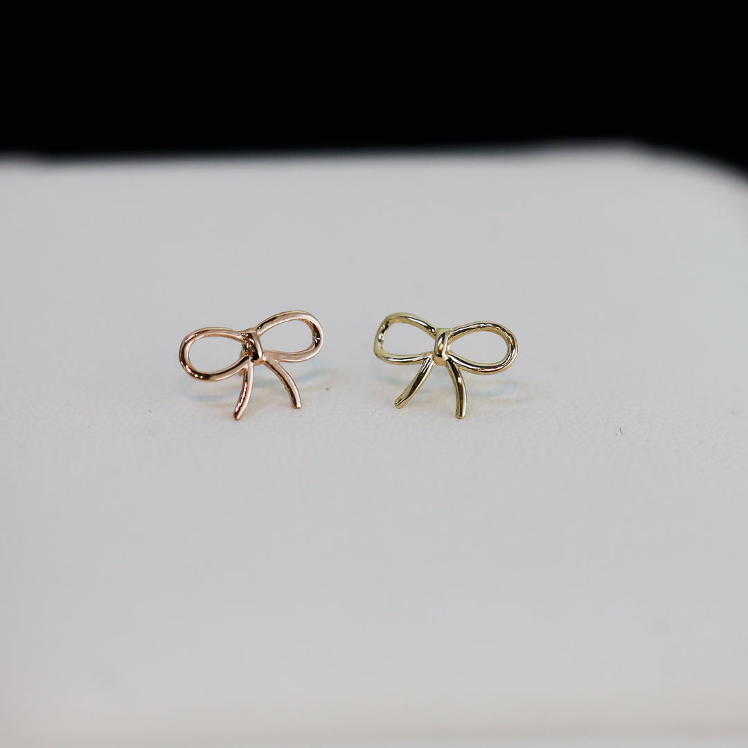 Wide Bow Tie Stud Earrings – 14K Solid Gold Delicate Ribbon Knot Earrings (Single or Pair)