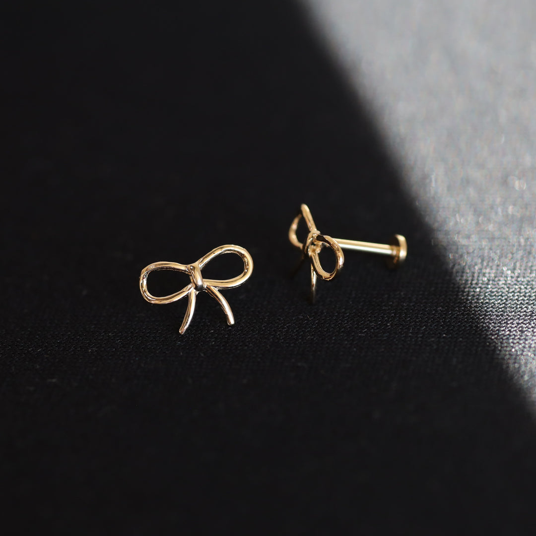 Wide Bow Tie Stud Earrings – 14K Solid Gold Delicate Ribbon Knot Earrings (Single or Pair)