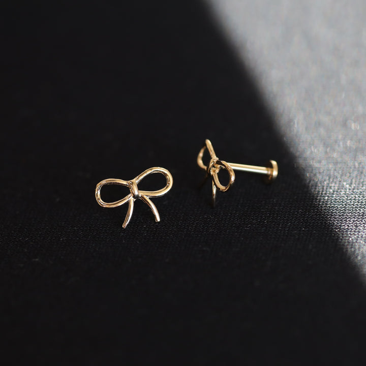 Wide Bow Tie Stud Earrings – 14K Solid Gold Delicate Ribbon Knot Earrings (Single or Pair)