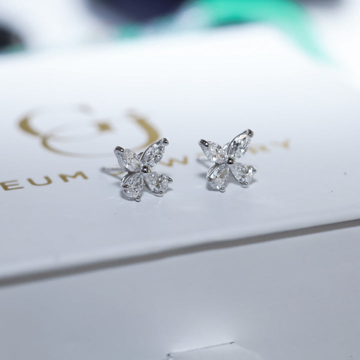 Butterfly Sparkle Pear and Round Lab Diamond Studs Earrings in 14K Solid Gold (Large)