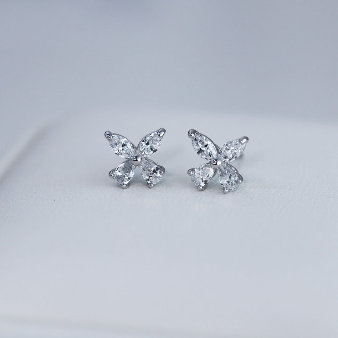 Butterfly Sparkle Pear and Round Lab Diamond Studs Earrings in 14K Solid Gold (Large)
