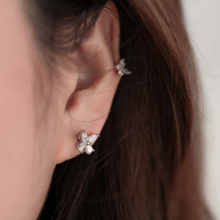 Butterfly Sparkle Pear and Round Lab Diamond Studs Earrings in 14K Solid Gold (Large)