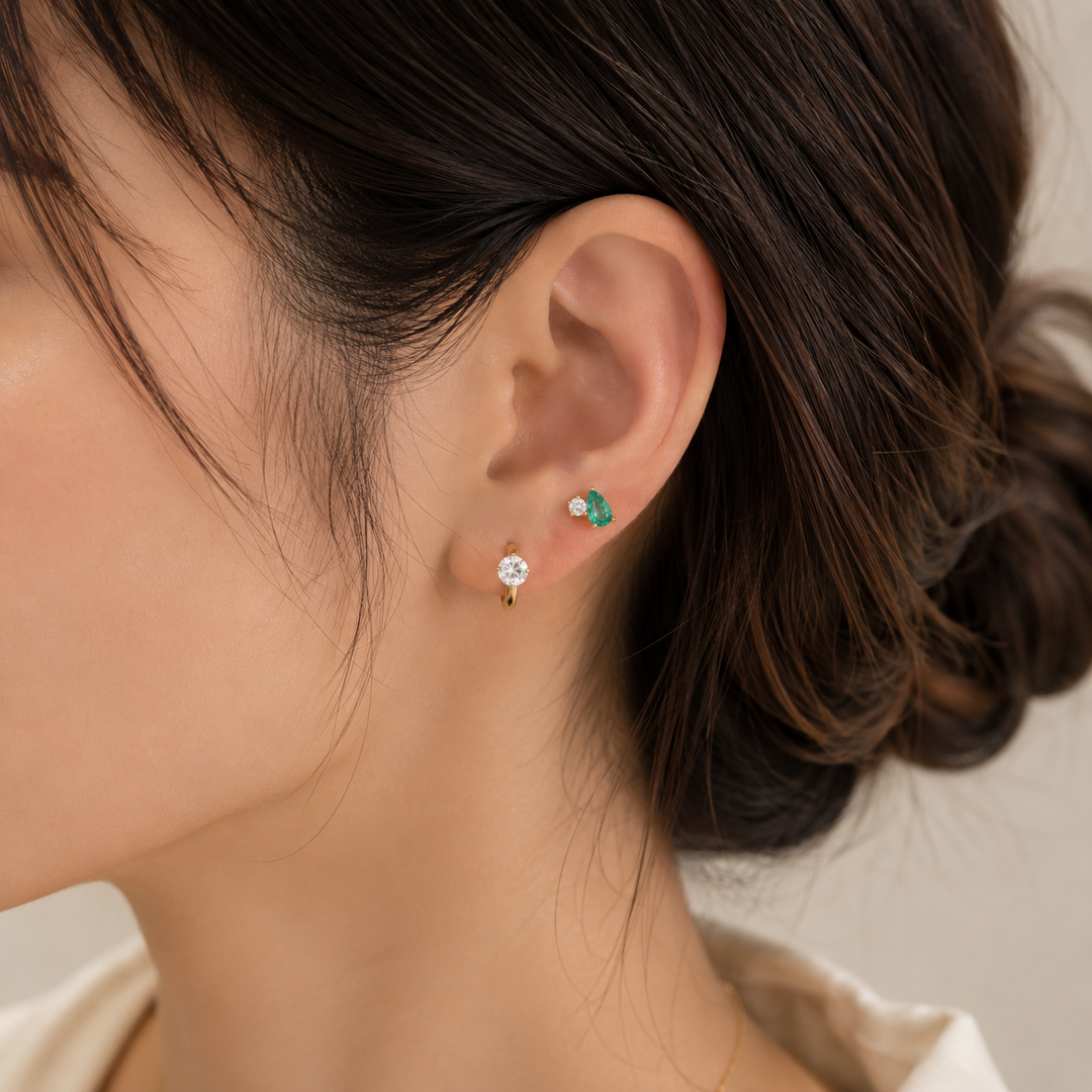 Pear-Cut Emerald & Round Lab Diamond Stud Earrings – 14K Solid Gold (Single or Pair)