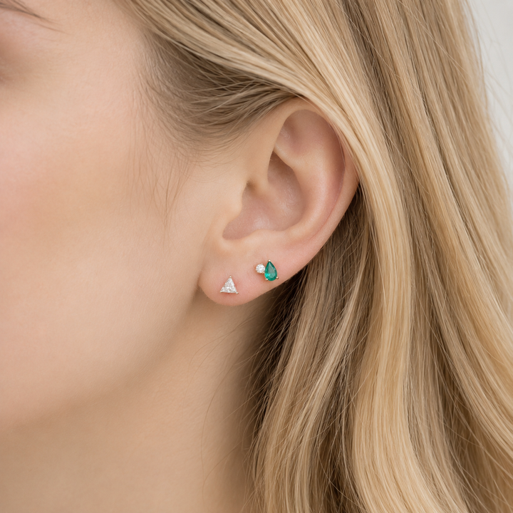 Pear-Cut Emerald & Round Lab Diamond Stud Earrings – 14K Solid Gold (Single or Pair)