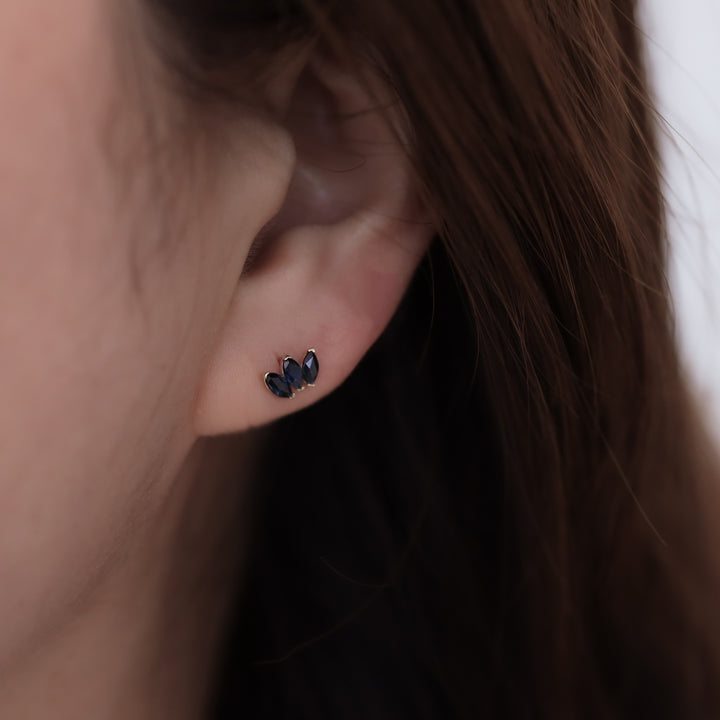 Crown Shape 3 Marquise Cut Lab Blue Sapphire 14K Solid Gold Earrings Studs (Single or Pair) - Large