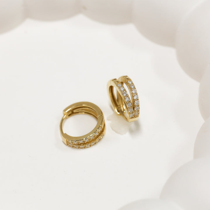 Double Arc with Double Lab Diamonds Accent Huggie Earrings – 14K Solid Gold Dual Hoop
