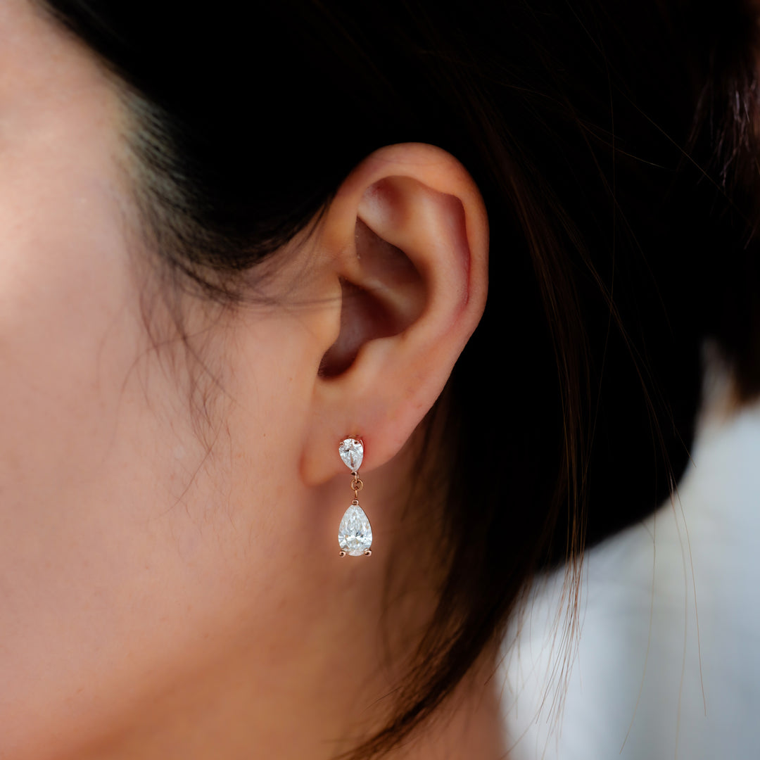 Pear Cut Lab Diamond Duo Drop Earrings – 14K Solid Gold Drop Stud