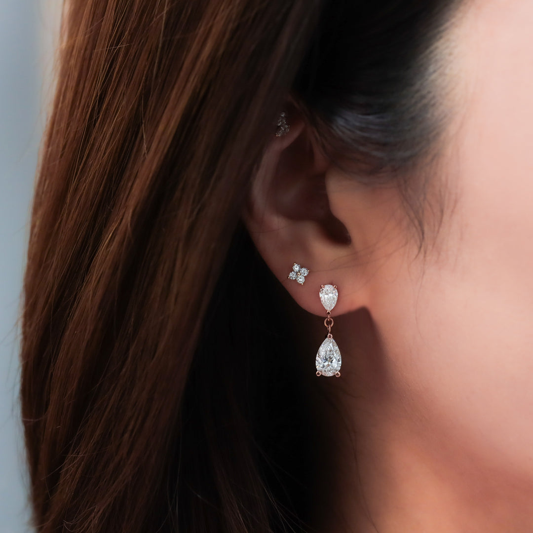 Pear Cut Lab Diamond Duo Drop Earrings – 14K Solid Gold Drop Stud