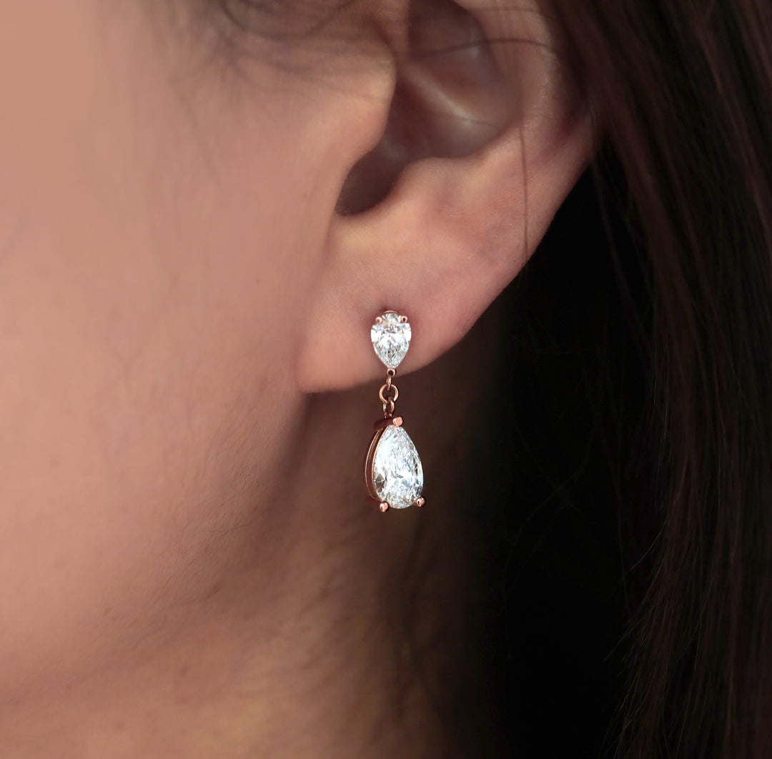 Pear Cut Lab Diamond Duo Drop Earrings – 14K Solid Gold Drop Stud