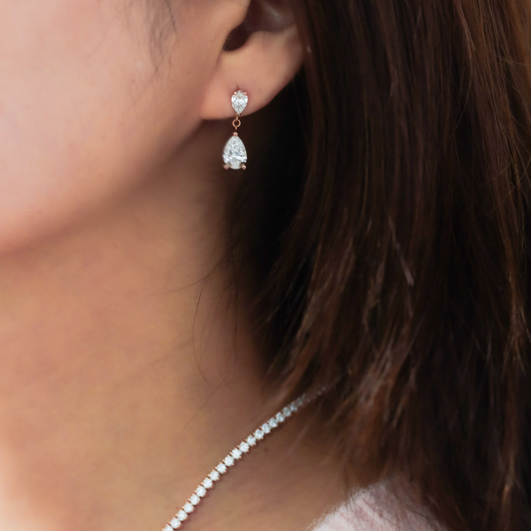 Pear Cut Lab Diamond Duo Drop Earrings – 14K Solid Gold Drop Stud