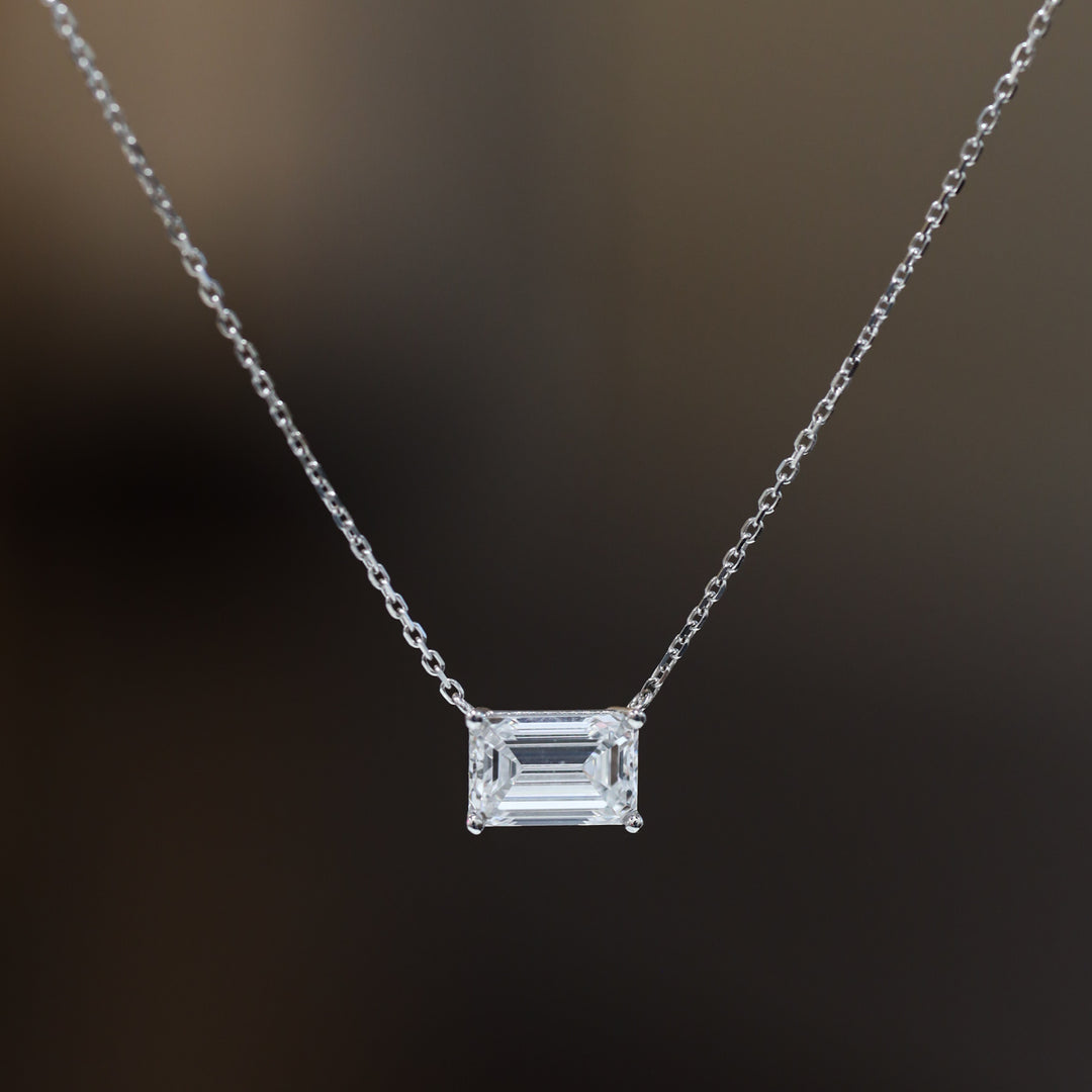 Lab Grown Emerald Diamond Solitaire Necklace on 14K Solid Gold Chain (1 ct. - 3 ct.)