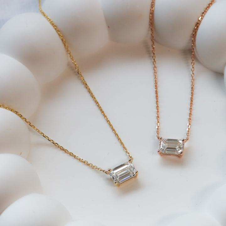 Lab Grown Emerald Diamond Solitaire Necklace on 14K Solid Gold Chain (1 ct. - 3 ct.)