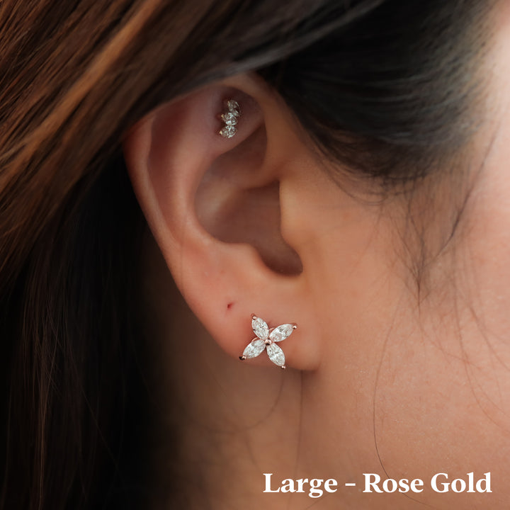 Marquise Cut 4 Diamonds Petal Flower 14K Solid Gold Earrings Studs - Medium / Large