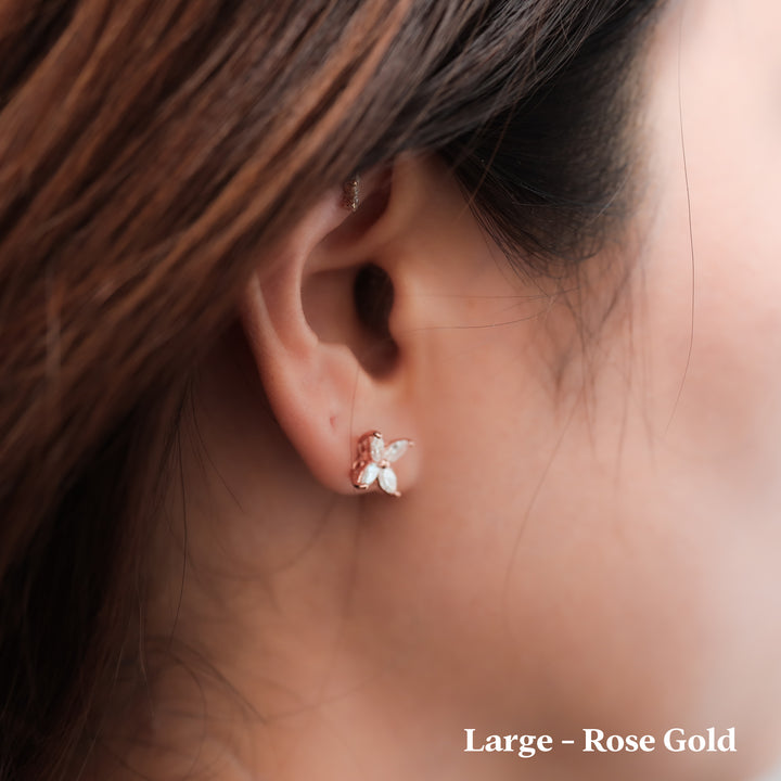Marquise Cut 4 Diamonds Petal Flower 14K Solid Gold Earrings Studs - Medium / Large