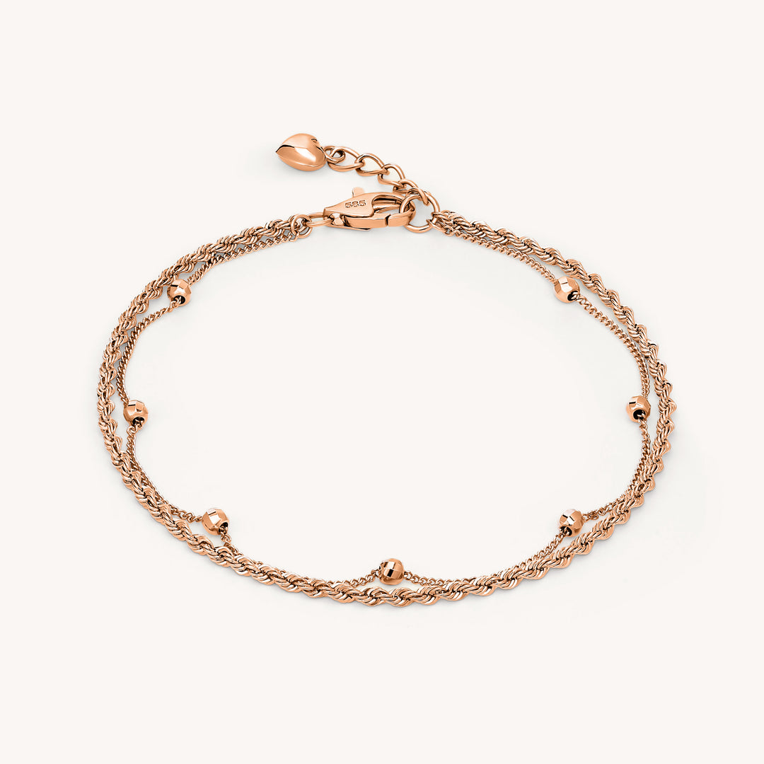 Double Rope Chain and Bead Strand 14K Gold Bracelet (Optional Heart Charm)