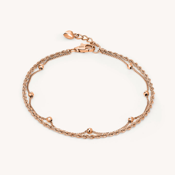 Double Rope Chain and Bead Strand 14K Gold Bracelet (Optional Heart Charm)