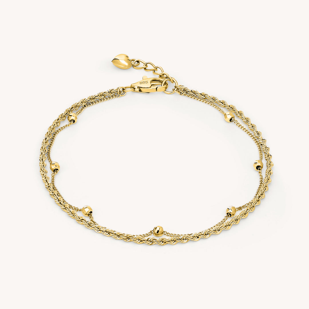 Double Rope Chain and Bead Strand 14K Gold Bracelet (Optional Heart Charm)