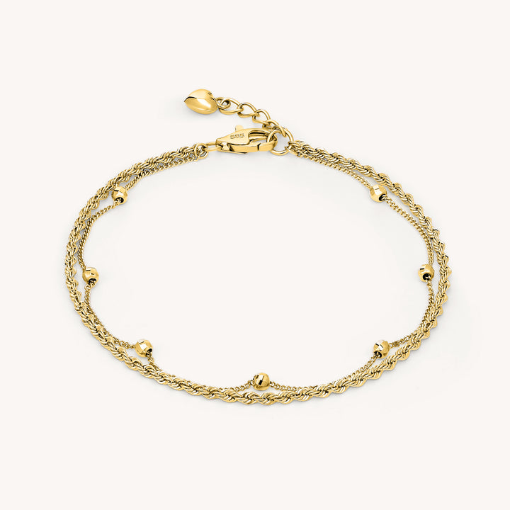 Double Rope Chain and Bead Strand 14K Gold Bracelet (Optional Heart Charm)