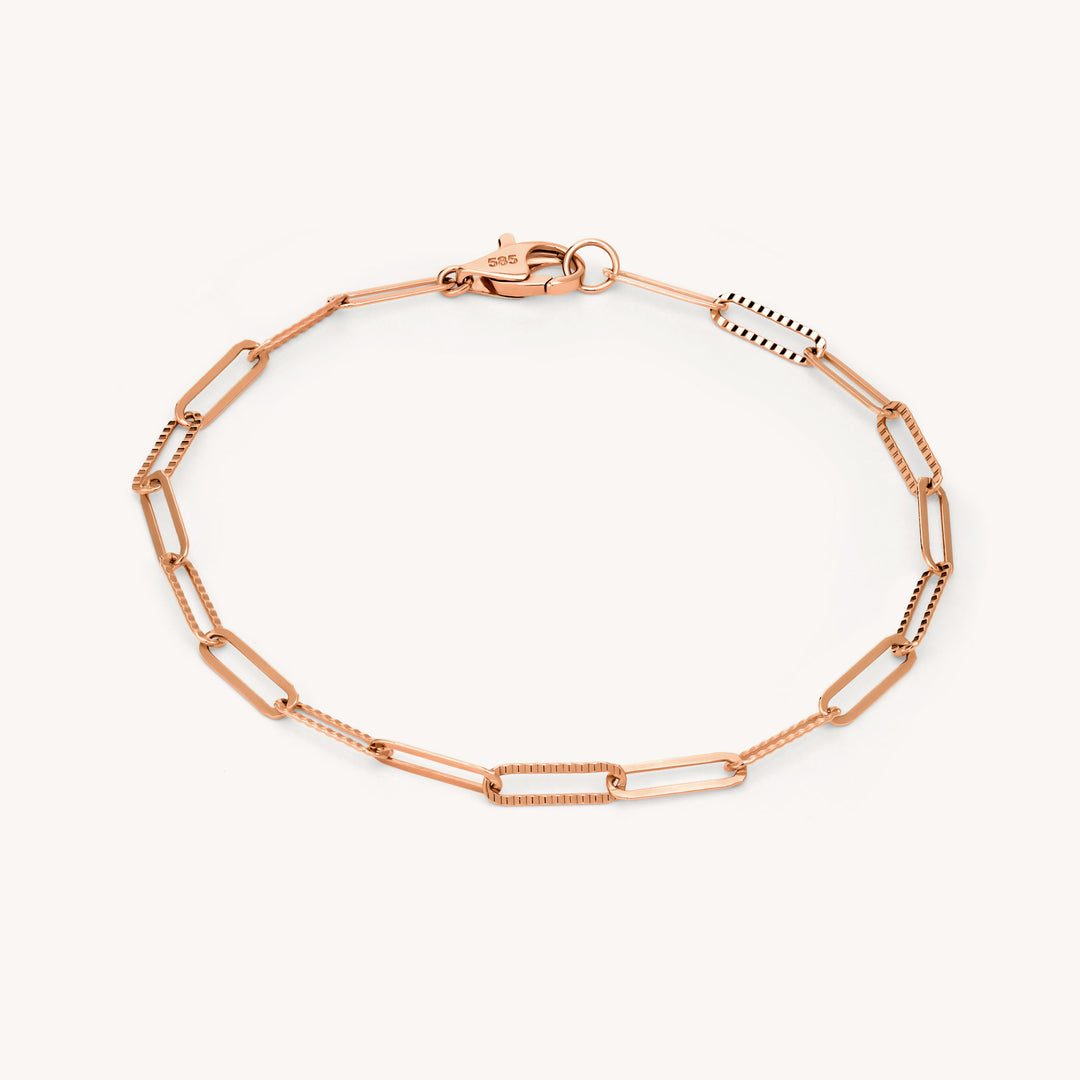 Mini Glitter Paper Clip Bracelet – 14K Solid Gold Dainty Adjustable Chain (9mm Links)